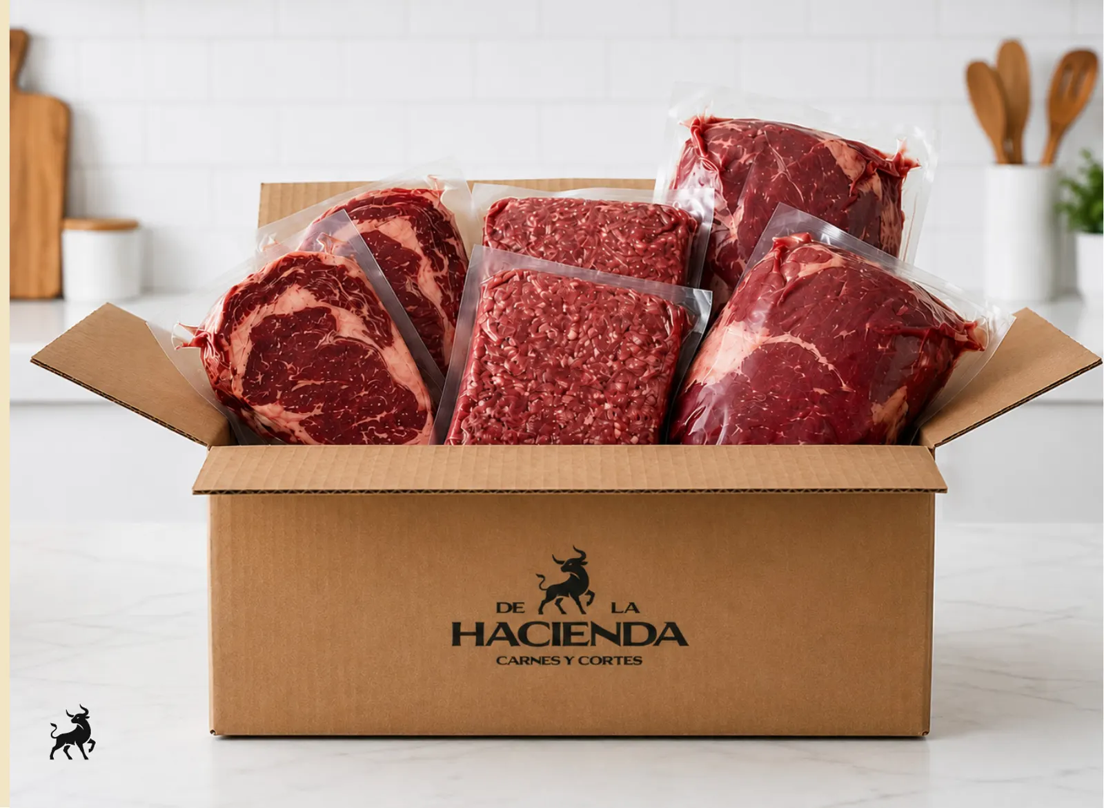 Caja con cortes de res empacados al vacío